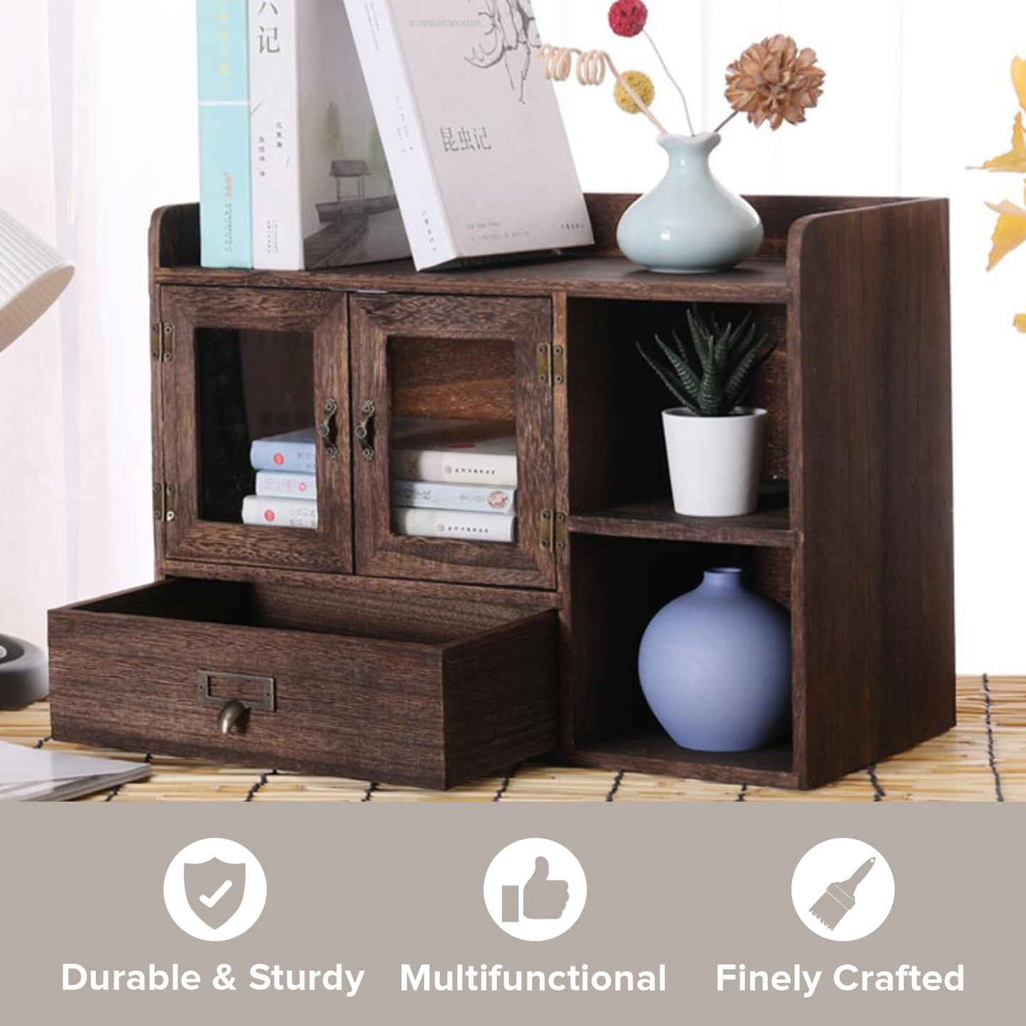 Coffee Tea Spice Station Organizer Cabinet – Rustic Wooden Kitchen Countertop Storage with Glass Doors & Drawer