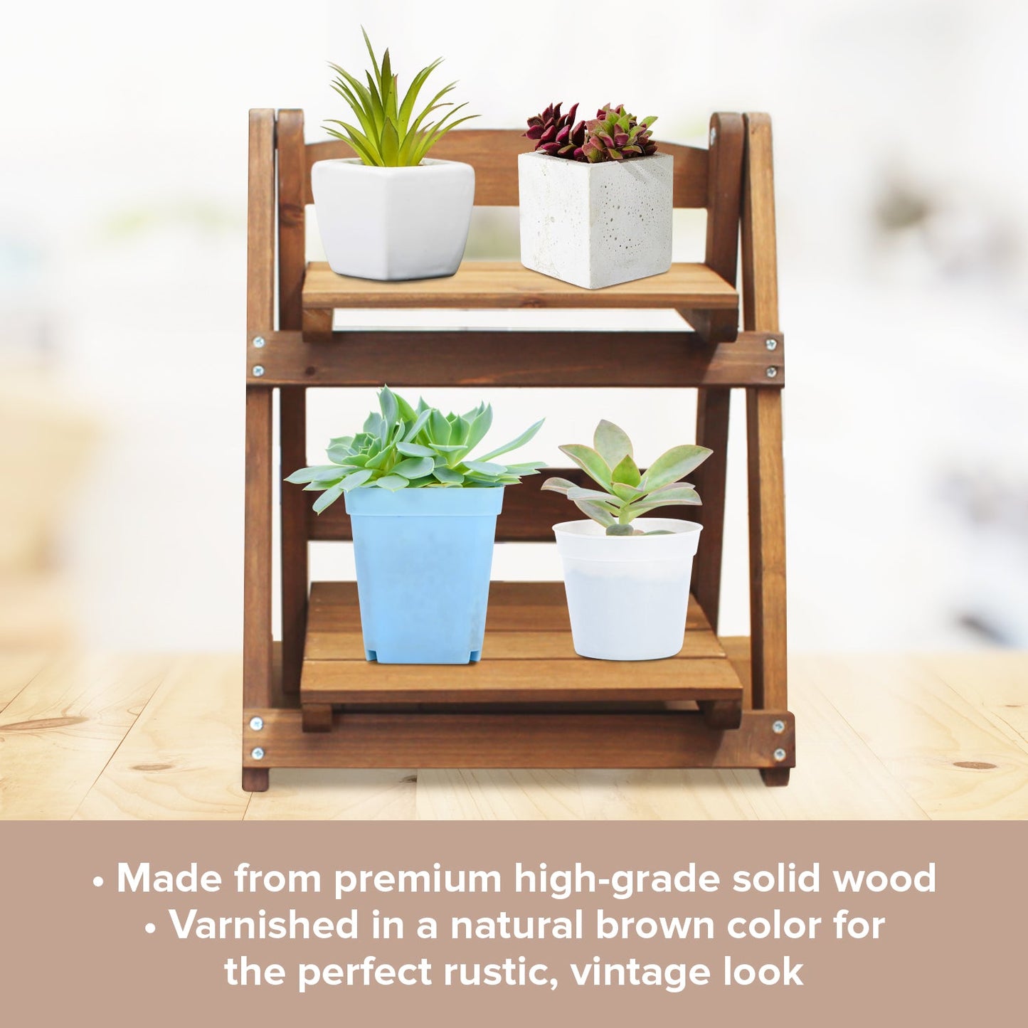 Wood Ladder Display Shelf : 2 Tier Vintage Desktop Organizer Stand for Plants, Candles, Decor