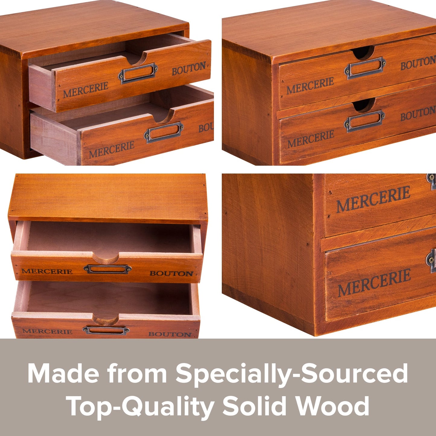 Stackable 2-Drawer Vintage Wood Organizer – Compact Desktop Storage Box with Label Holders for Home, Office & Countertop Use
