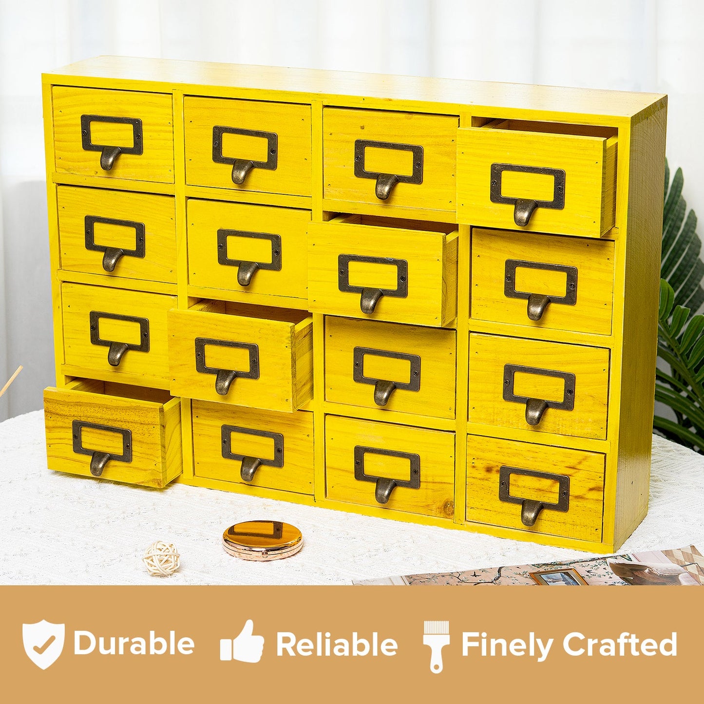 16 Drawer Wooden Apothecary Cabinet – Yellow Card Catalog Organizer with Label Holders for Crafts, Jewelry, Office Supplies & Small Parts Storage