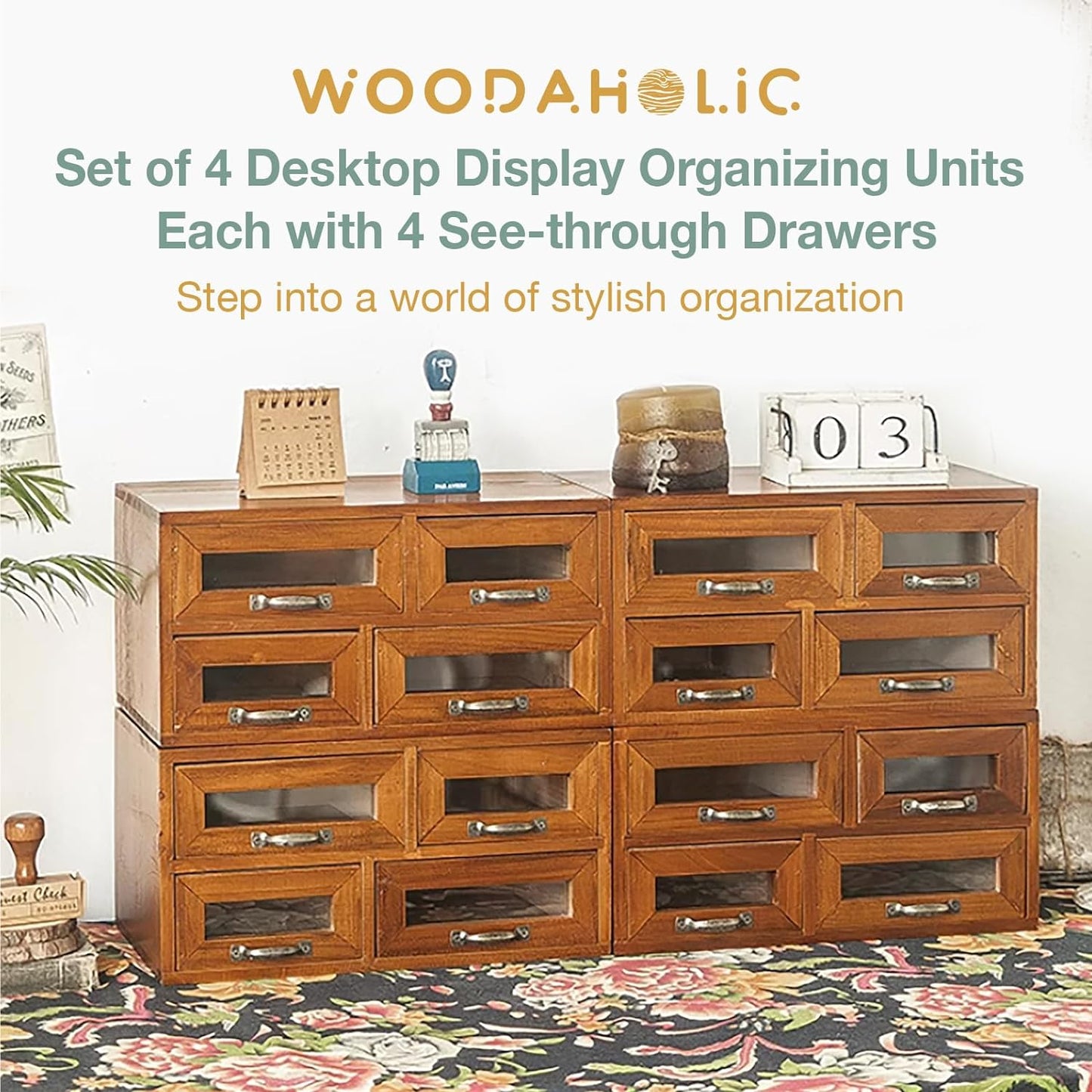16 Drawer Wooden Storage Organizer - 4x4 Desktop Cabinet with Transparent Drawers for Crafts, Office Supplies