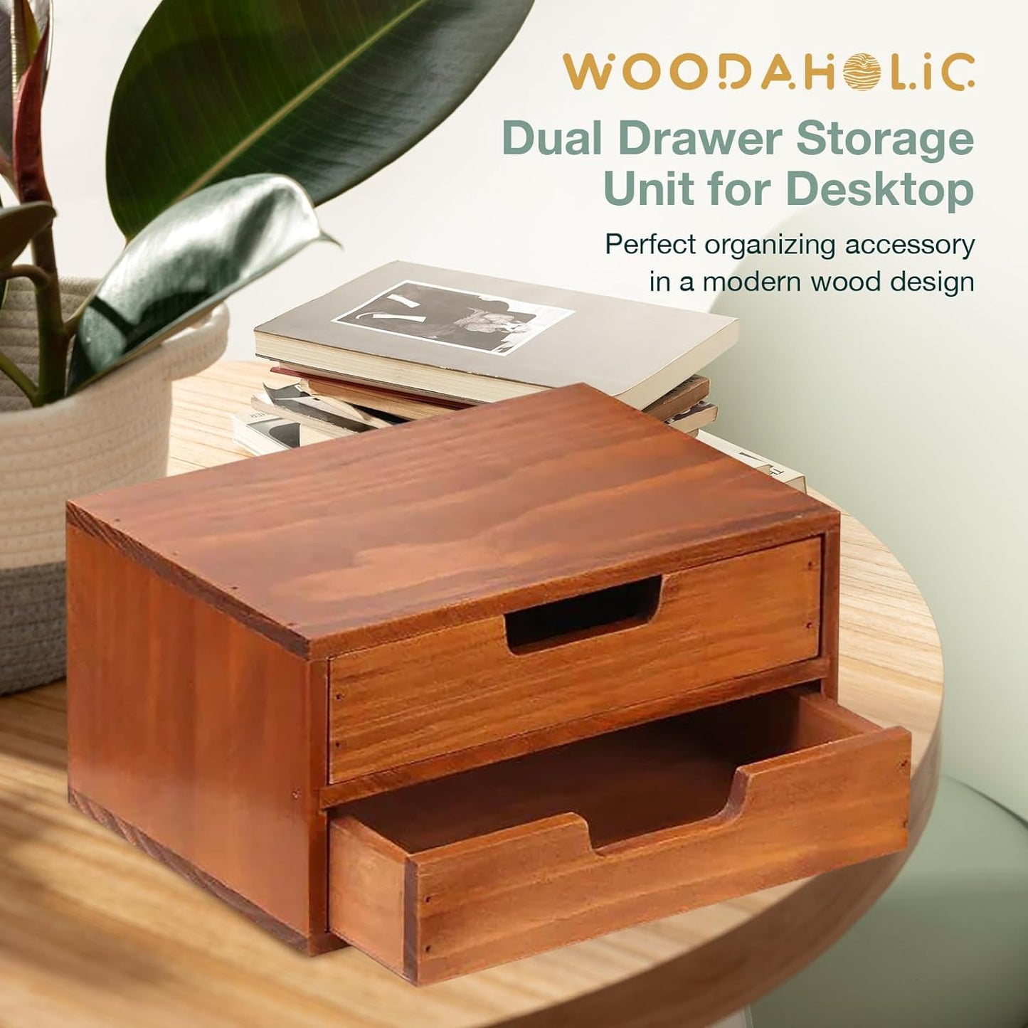 Wooden Desktop Organizer with 2 Drawers : Stackable Desk Storage Cabinet & Monitor Riser for Office Supplies, Documents & Workspace Organization