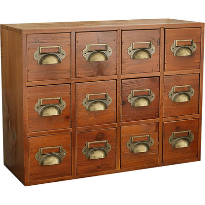 12 Drawer Vintage Wood Storage Cabinet with Label Holders - Compact Desktop Organizer for Cards, Tea Storage & Small Supplies