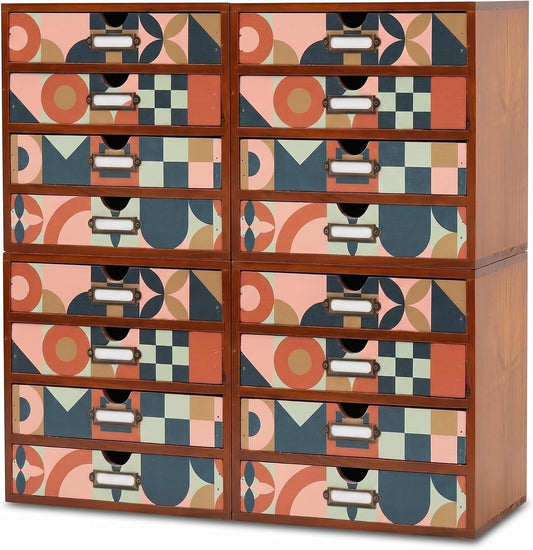 Mid-Century Modern 16-Drawer Wooden Organizer Set - Modular Stackable Desktop Storage Cabinet for Desk, Vanity, Kitchen, Crafts & Jewelry