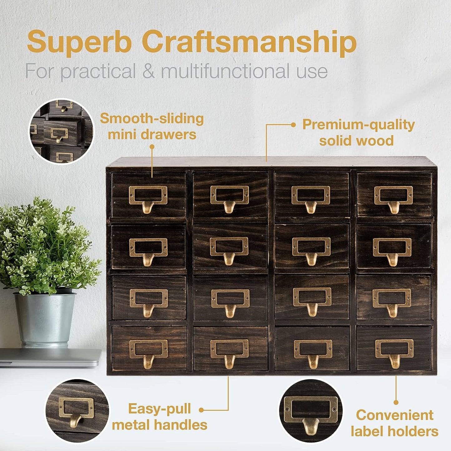 Vintage Ash Brown 16-Drawer Apothecary Wood Cabinet 4-Tier Card Cabinet for Crafts, Jewelry, Tools & Small Items