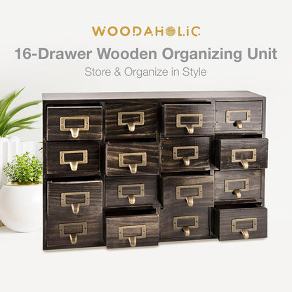 Vintage Ash Brown 16-Drawer Apothecary Wood Cabinet 4-Tier Card Cabinet for Crafts, Jewelry, Tools & Small Items