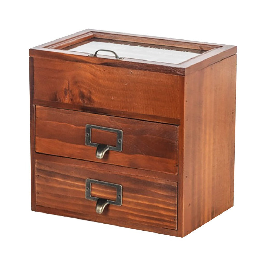 6 Slot Rustic Jewelry Organizer with Glass Top – Wooden Storage Cabinet with Drawers for Watches, Jewelry & Small Accessories