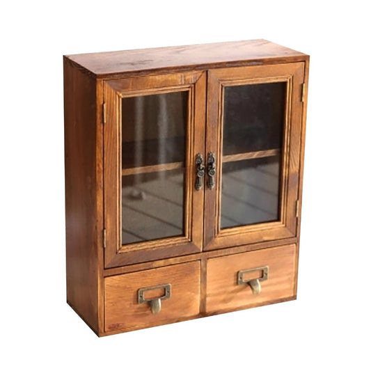 Wall-Mount Glass Door Wooden Storage Cabinet with Drawers – Vintage Display & Organizer Shelf