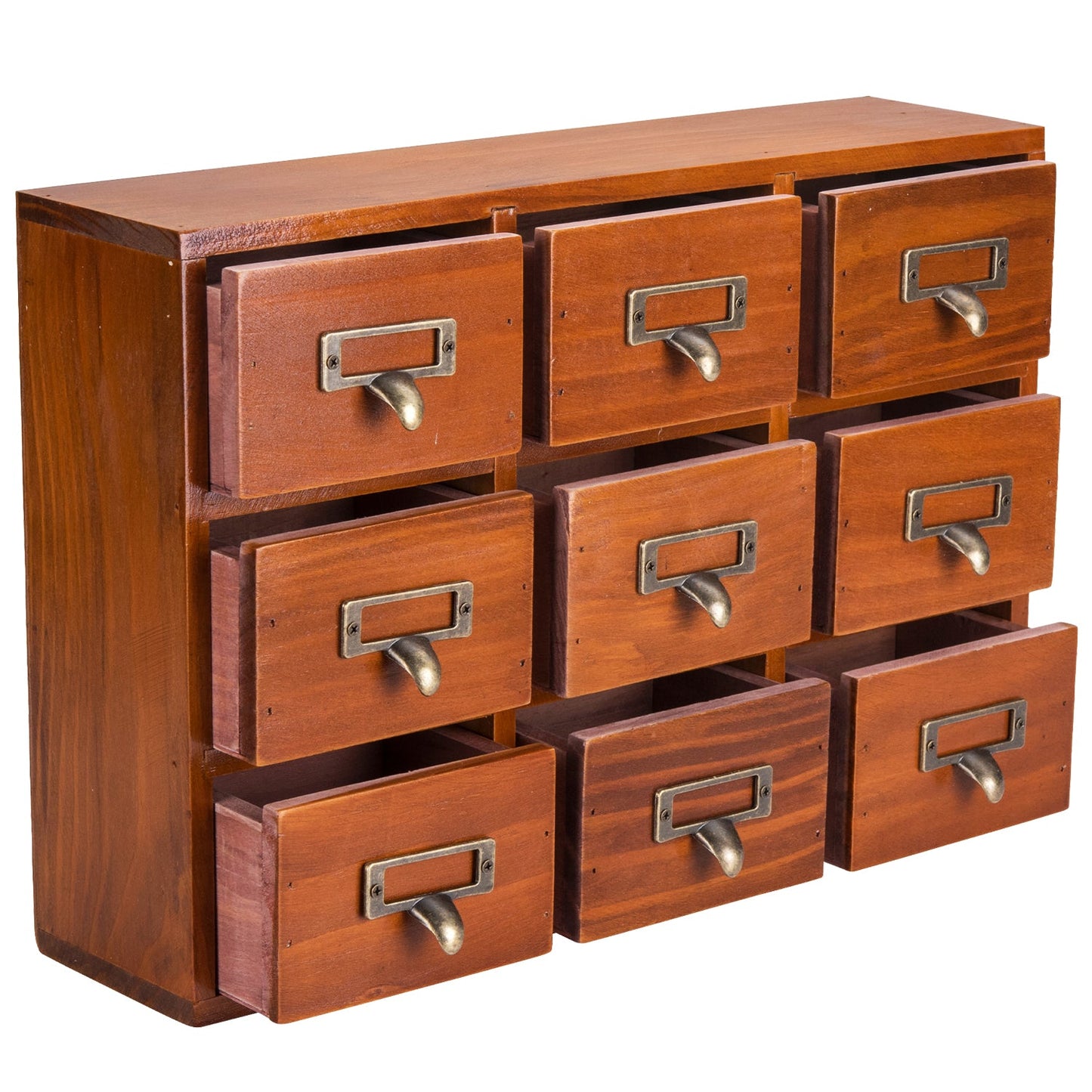 Vintage 9 Drawer Wooden Apothecary Cabinet - Small Parts Organizer with Label Holders for Desk, Vanity & Countertop Storage