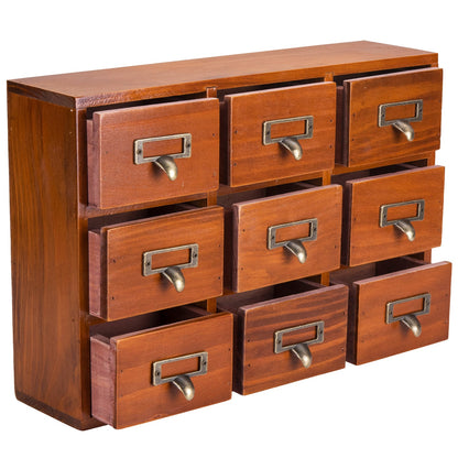 Vintage 9 Drawer Wooden Apothecary Cabinet - Small Parts Organizer with Label Holders for Desk, Vanity & Countertop Storage