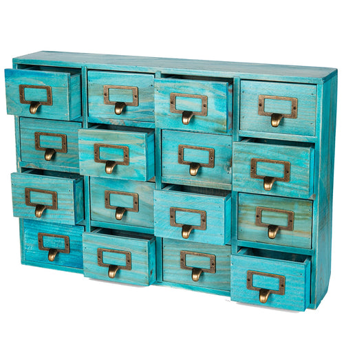 Teal Vintage 16-Drawer Apothecary Cabinet – Wooden Desktop Organizer with Label Holders for Crafts, Jewelry, Office & Collectibles