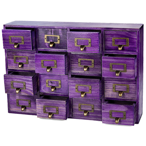 Purple 16 Drawer Apothecary Cabinet - Vintage Wooden Desktop Organizer with Label Holders for Crafts, Jewelry, Office & Small Storage