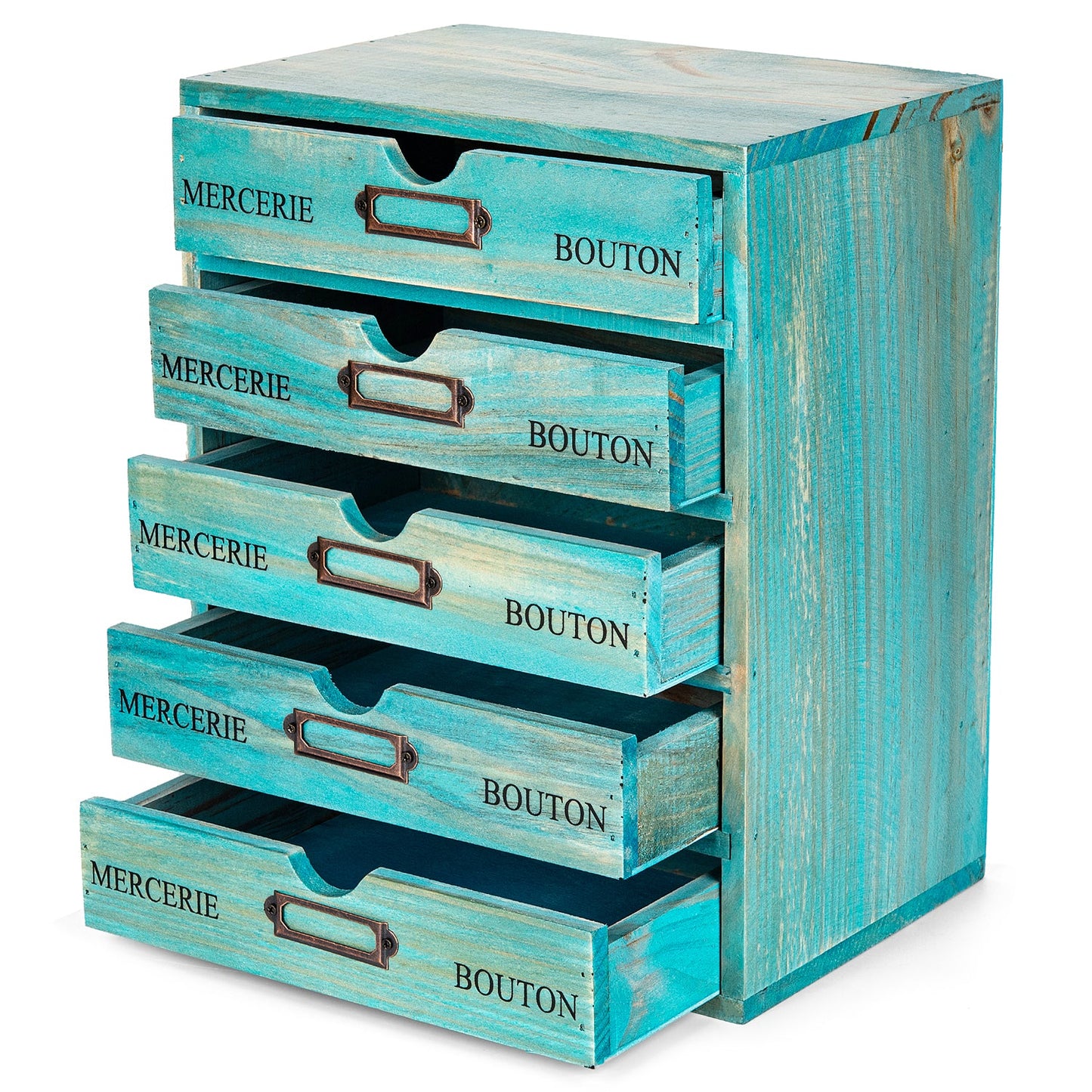 5 Drawer Wooden Desktop Organizer Cabinet – Vintage Teal Apothecary Storage with Label Holders for Office, Crafts & Jewelry