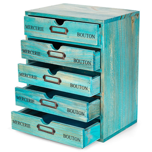5 Drawer Wooden Desktop Organizer Cabinet – Vintage Teal Apothecary Storage with Label Holders for Office, Crafts & Jewelry