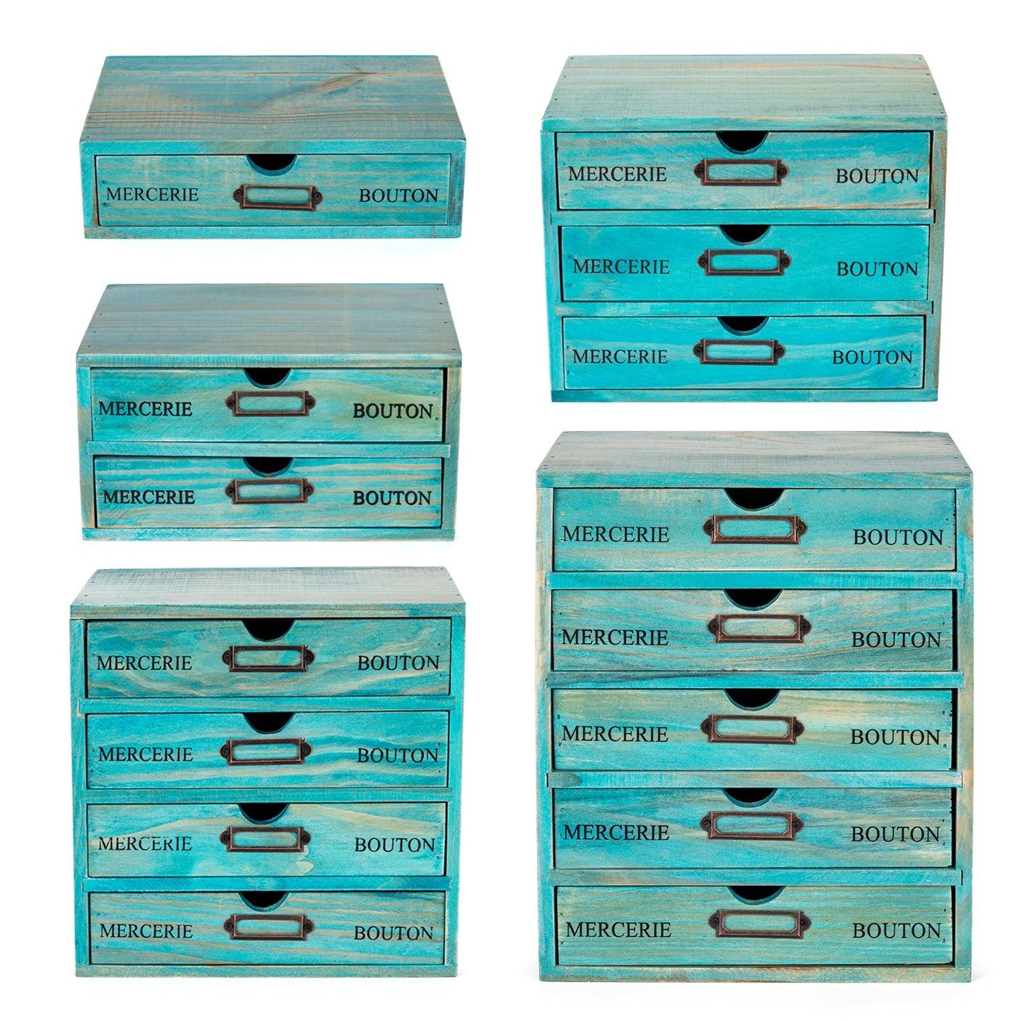 5-Piece Teal Stackable Wooden Drawer Organizer Set – Complete Desktop Storage System for Crafts, Office Supplies & Home Organization