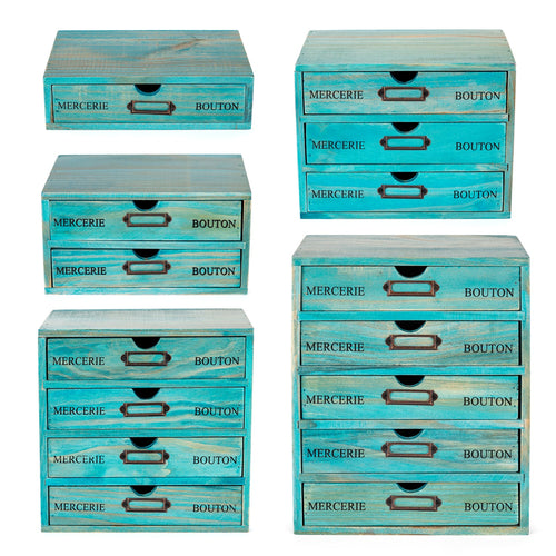 5-Piece Teal Stackable Wooden Drawer Organizer Set – Complete Desktop Storage System for Crafts, Office Supplies & Home Organization