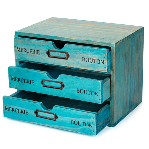 3-Vintage Teal Drawer Wooden Desk Organizer for Office Supplies, Crafts & Home Organization