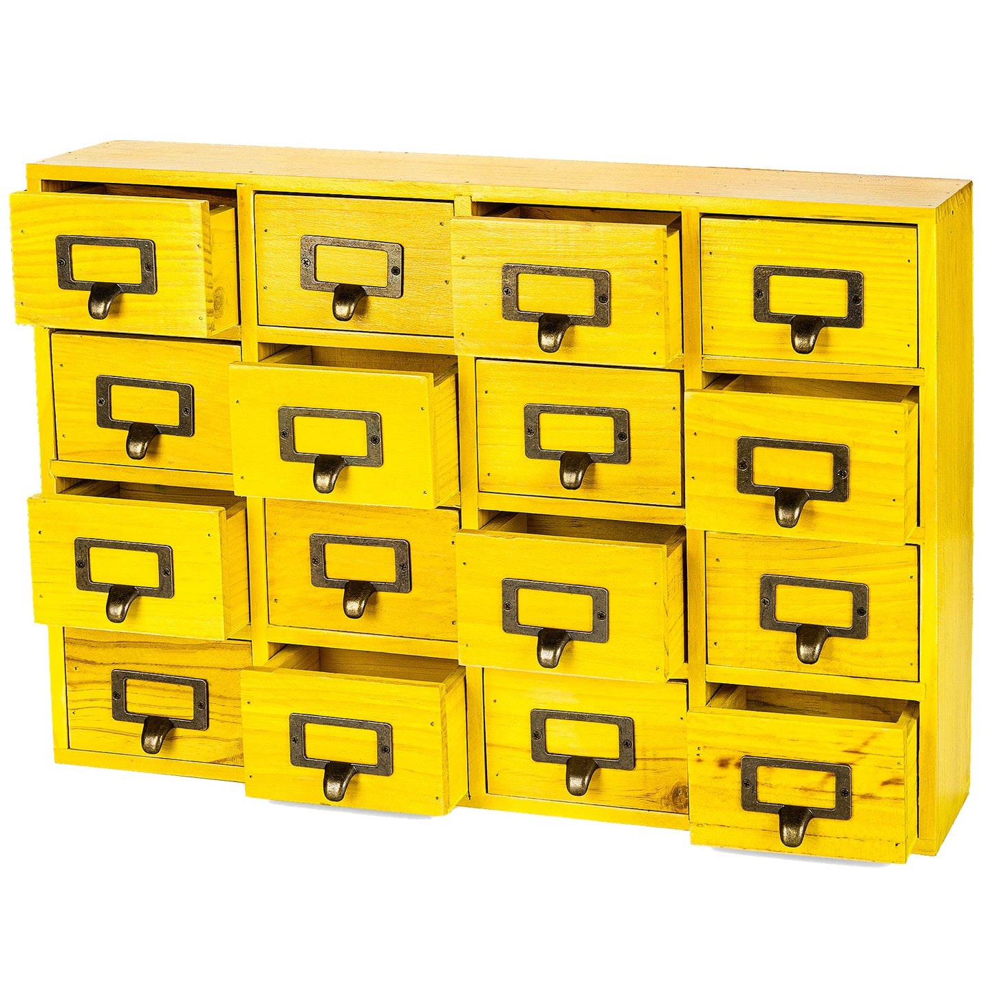 16 Drawer Wooden Apothecary Cabinet – Yellow Card Catalog Organizer with Label Holders for Crafts, Jewelry, Office Supplies & Small Parts Storage