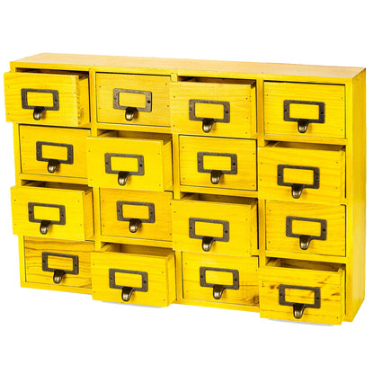 16 Drawer Wooden Apothecary Cabinet – Yellow Card Catalog Organizer with Label Holders for Crafts, Jewelry, Office Supplies & Small Parts Storage