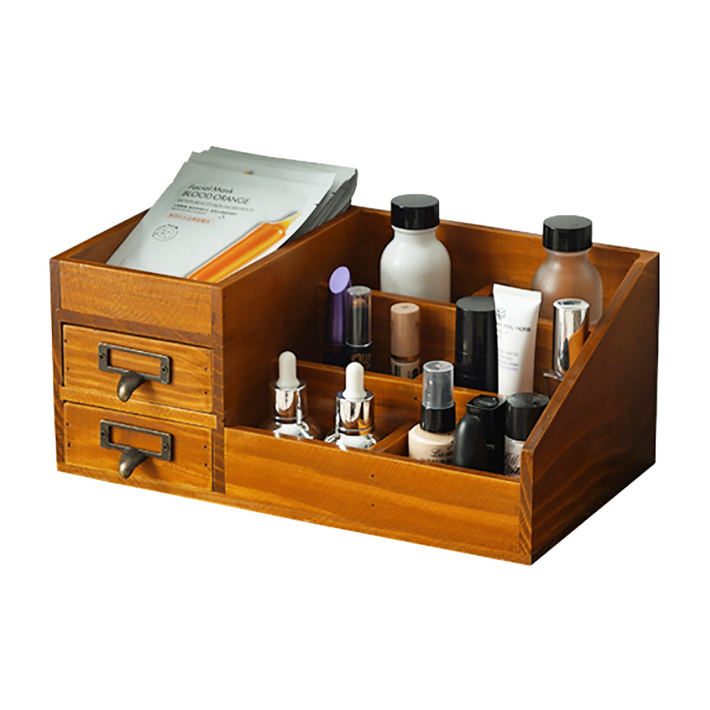 Vintage Tabletop Cosmetic Storage Tray with 7 Compartments & 2 Drawer Jewelry Organizer for Vanity, Bathroom & Dresser