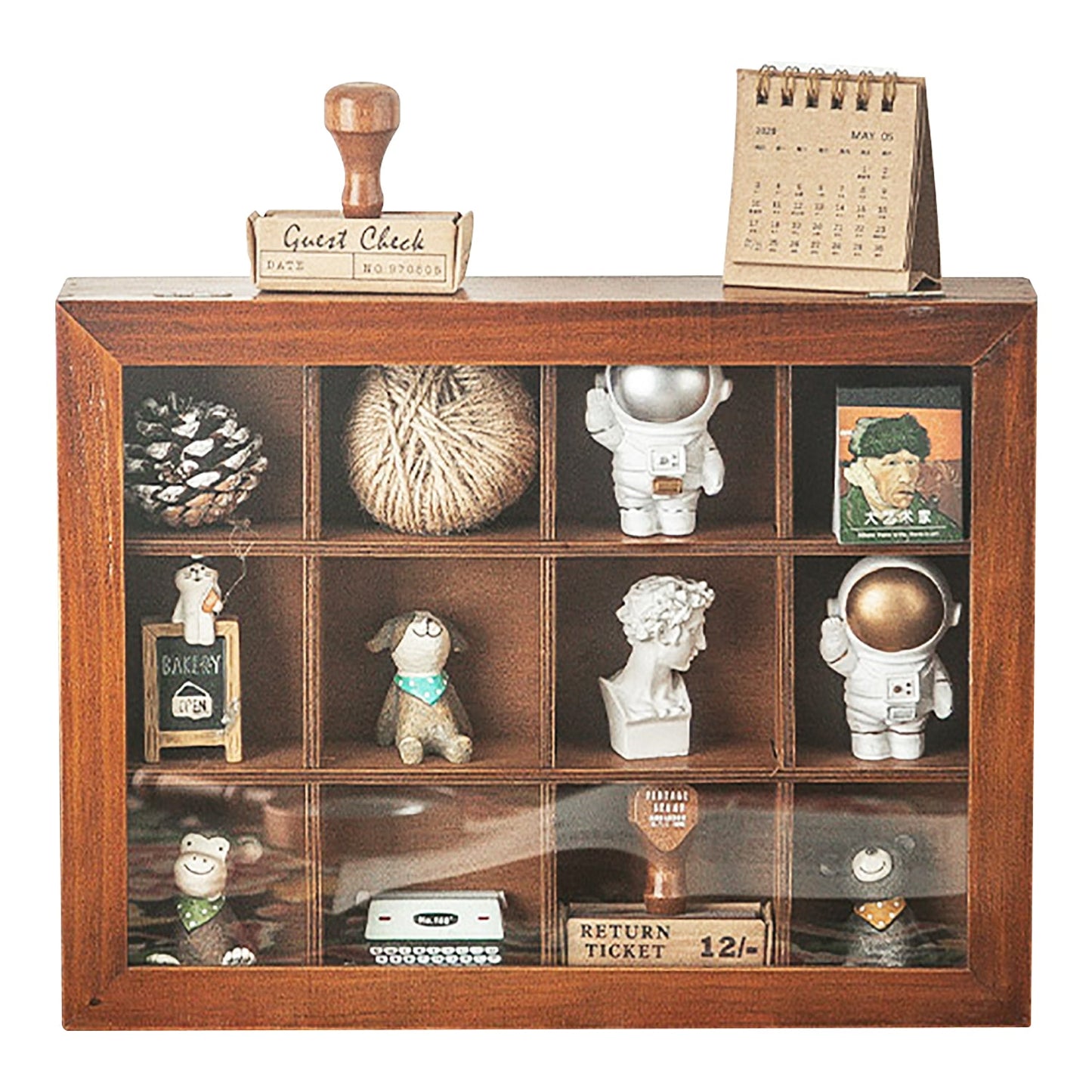 12 Cubby Wood Display Case with Glass Front - Small Collectible Organizer Shelf for Figurines, Miniatures, Desk Decor & Wall Storage