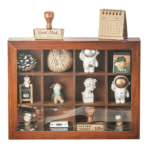 12 Cubby Wood Display Case with Glass Front - Small Collectible Organizer Shelf for Figurines, Miniatures, Desk Decor & Wall Storage