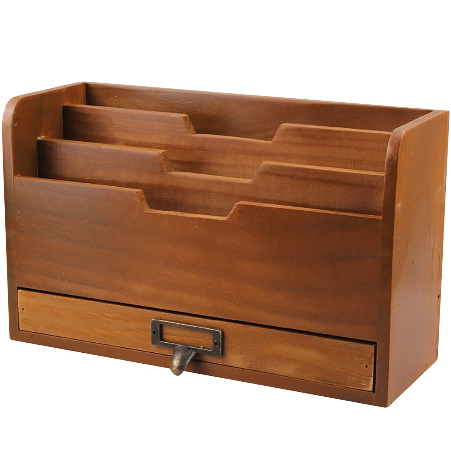 Wood Desktop File Organizer : Vertical Folder Sorter with 3 Document Compartments and Paper Tray Drawer for Office Desk Storage