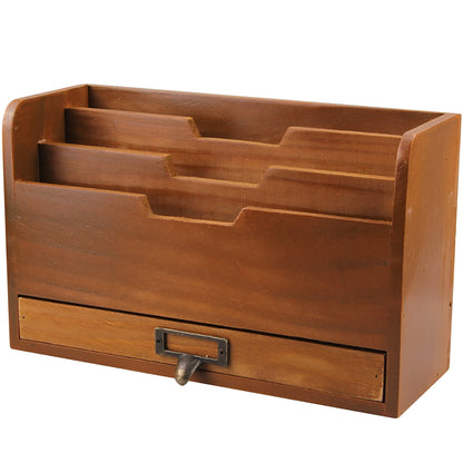 Wood Desktop File Organizer : Vertical Folder Sorter with 3 Document Compartments and Paper Tray Drawer for Office Desk Storage