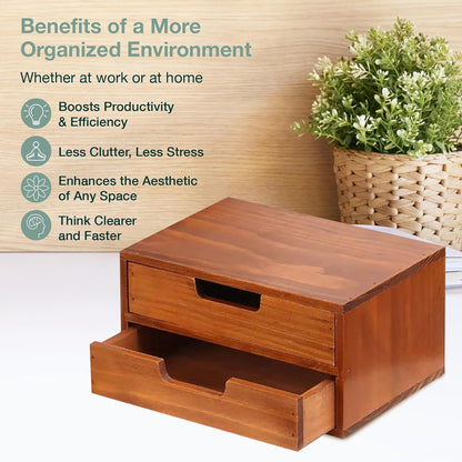 Wooden Desktop Organizer with 2 Drawers : Stackable Desk Storage Cabinet & Monitor Riser for Office Supplies, Documents & Workspace Organization
