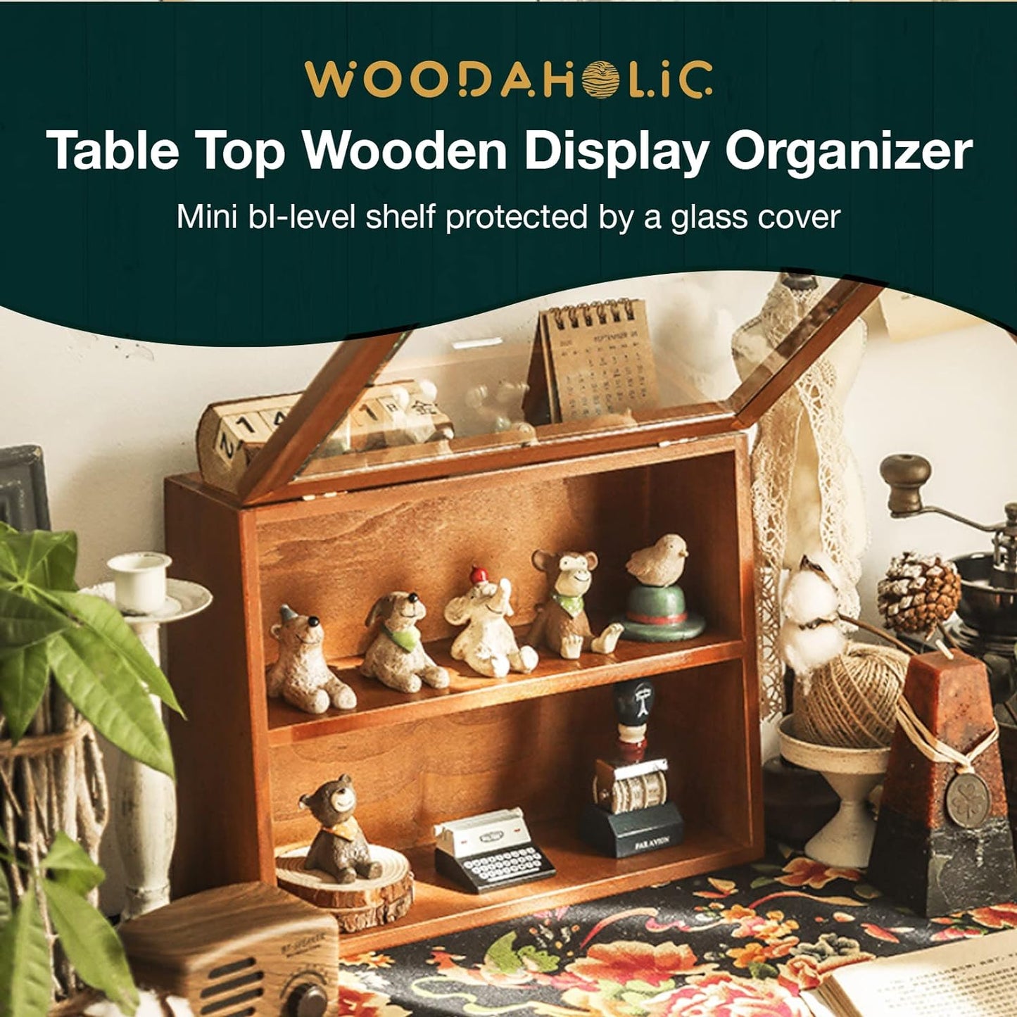 Wooden Display Cabinet with Glass Lid – 2-Tier Tabletop Organizer for Collectibles, Skincare, Office Supplies & Countertop Storage