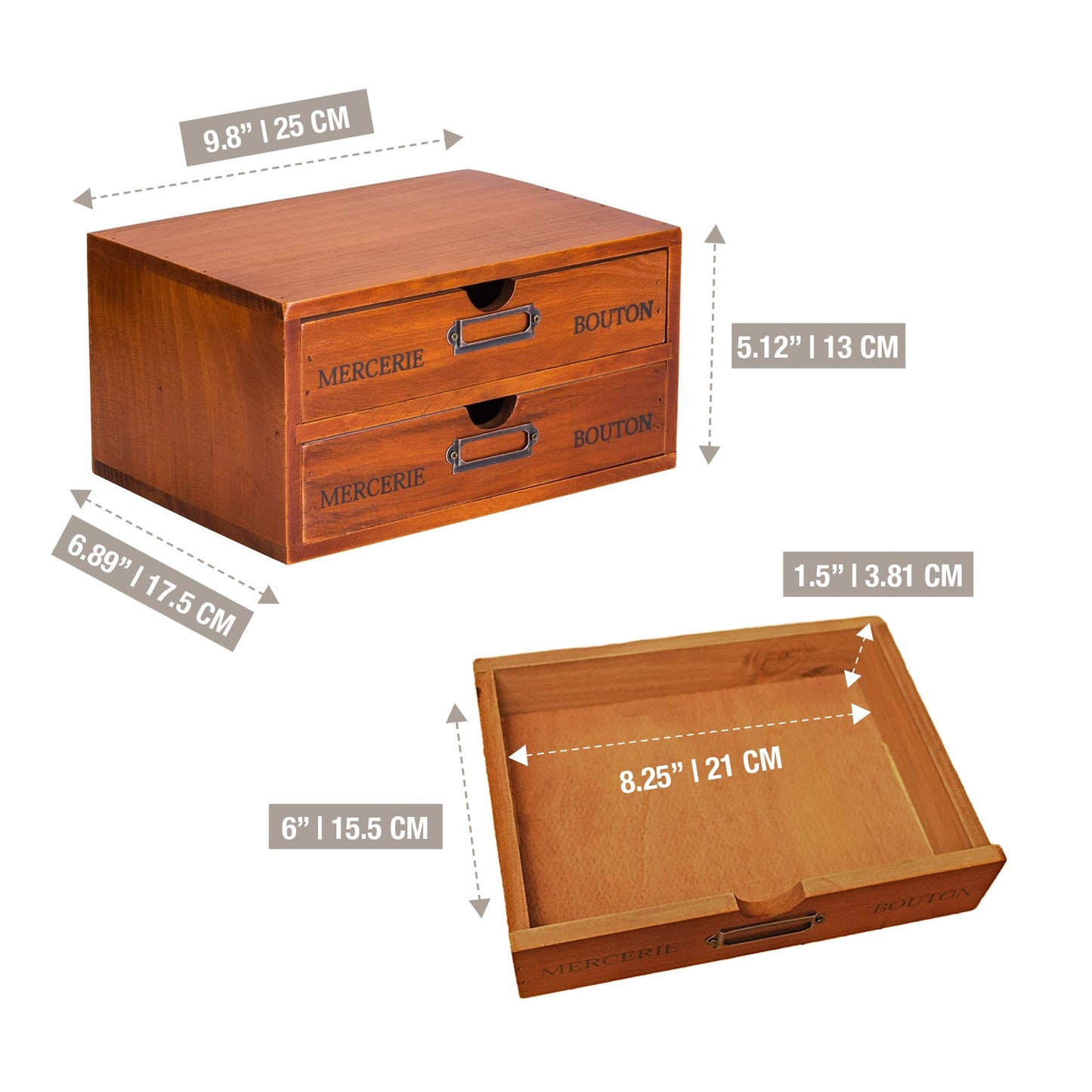 Stackable 2-Drawer Vintage Wood Organizer – Compact Desktop Storage Box with Label Holders for Home, Office & Countertop Use