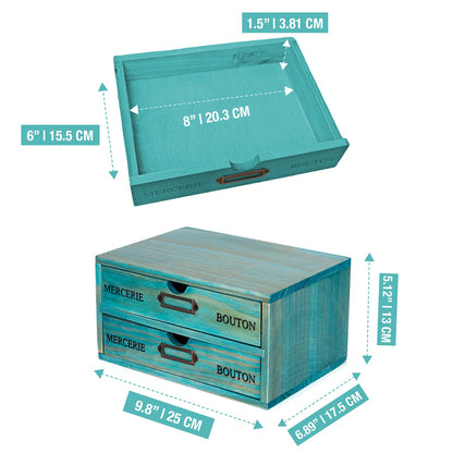 2-Drawer Teal Wooden Desk Organizer – Stackable Desktop Storage Box for Office Supplies, Crafts & Home Organization