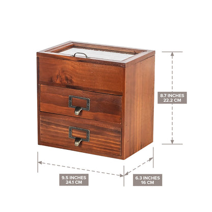 6 Slot Rustic Jewelry Organizer with Glass Top – Wooden Storage Cabinet with Drawers for Watches, Jewelry & Small Accessories