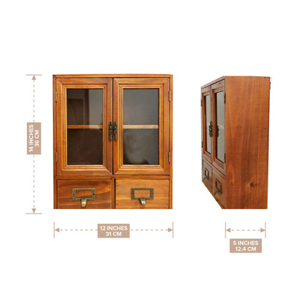 Wall-Mount Glass Door Wooden Storage Cabinet with Drawers – Vintage Display & Organizer Shelf