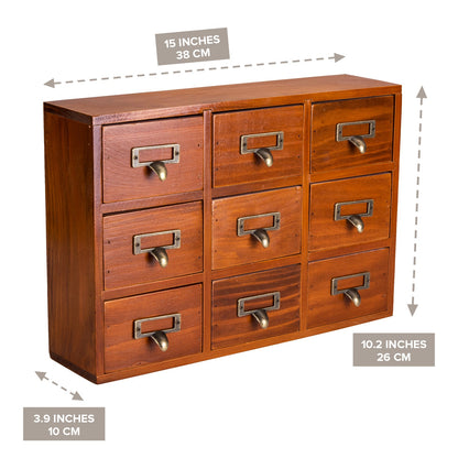 Vintage 9 Drawer Wooden Apothecary Cabinet - Small Parts Organizer with Label Holders for Desk, Vanity & Countertop Storage