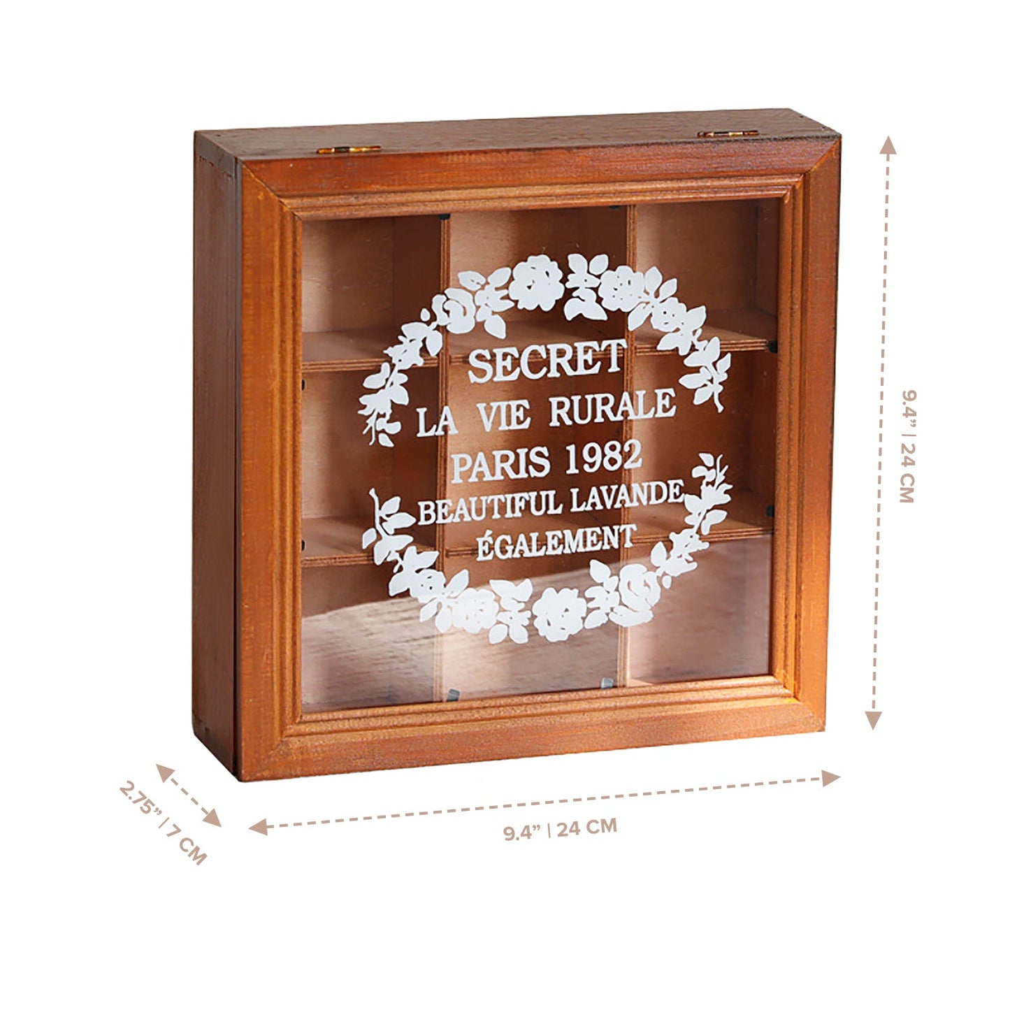 9 Slot Wooden Display Box with Glass Lid – Square Organizer Case with Dividers for Jewelry, Crafts, Collectibles & Countertop Storage