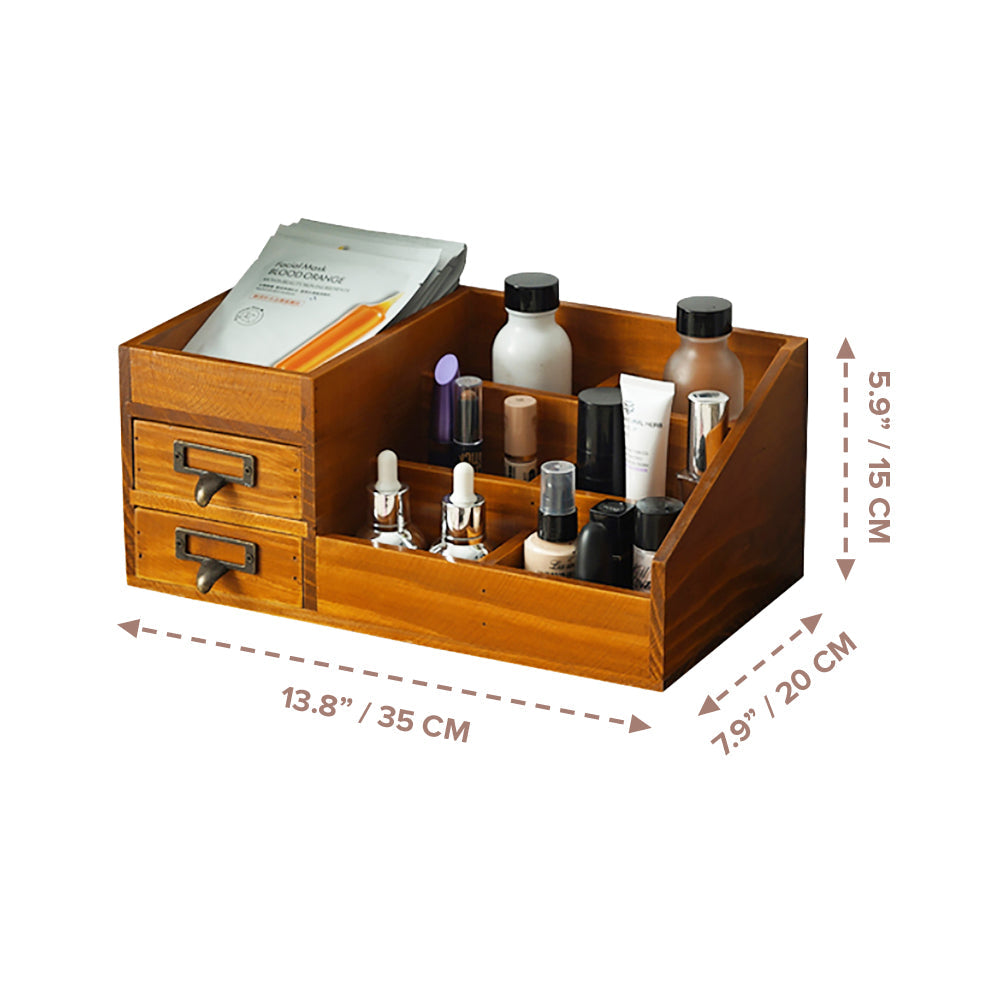 Vintage Tabletop Cosmetic Storage Tray with 7 Compartments & 2 Drawer Jewelry Organizer for Vanity, Bathroom & Dresser