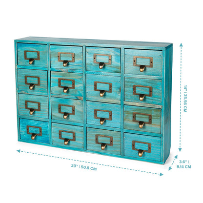 Teal Vintage 16-Drawer Apothecary Cabinet – Wooden Desktop Organizer with Label Holders for Crafts, Jewelry, Office & Collectibles