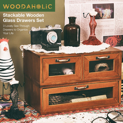 Stackable Wooden Storage Drawers with Glass Front – VintageSee-Through Drawer for Office, Crafts & Home