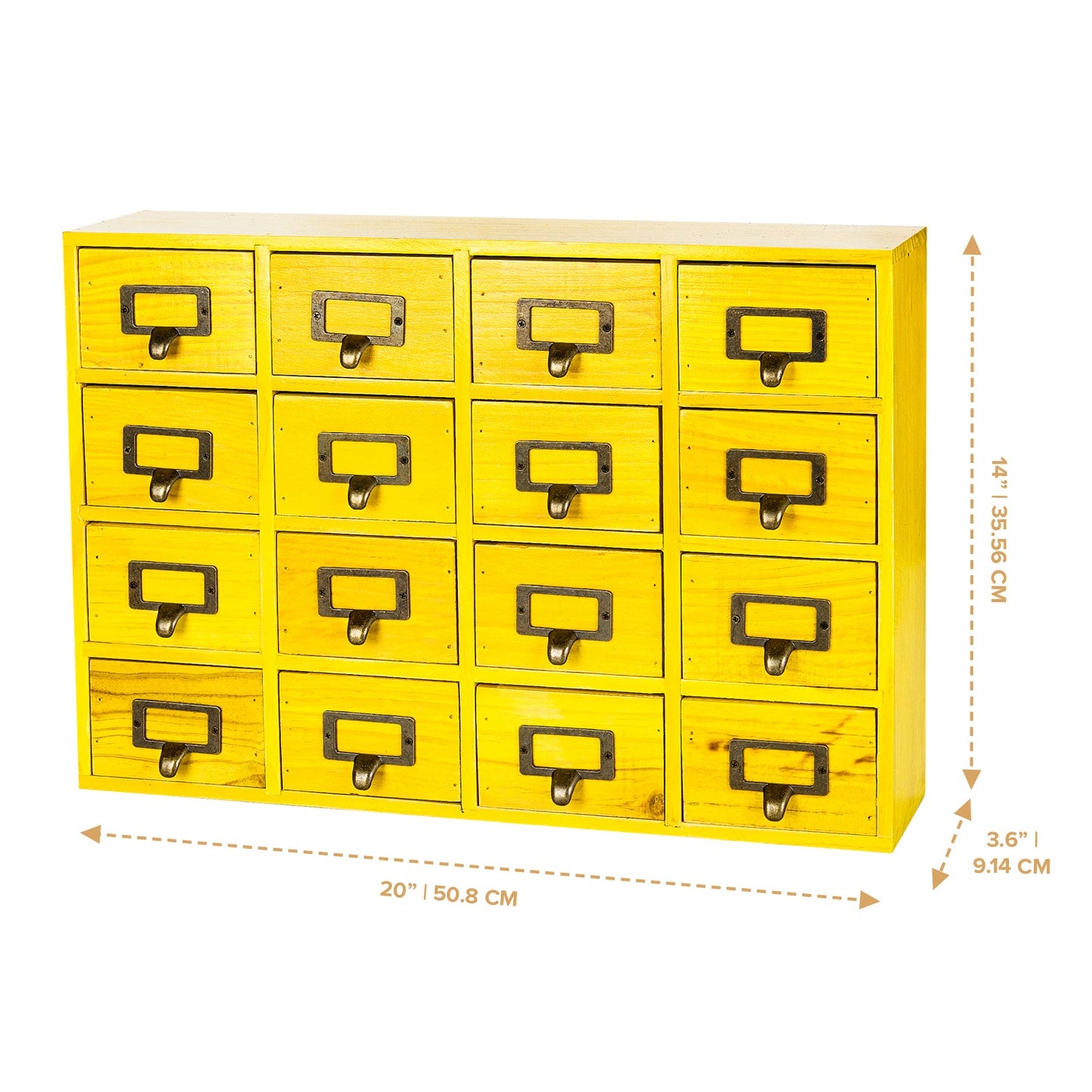 16 Drawer Wooden Apothecary Cabinet – Yellow Card Catalog Organizer with Label Holders for Crafts, Jewelry, Office Supplies & Small Parts Storage