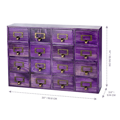 Purple 16 Drawer Apothecary Cabinet - Vintage Wooden Desktop Organizer with Label Holders for Crafts, Jewelry, Office & Small Storage