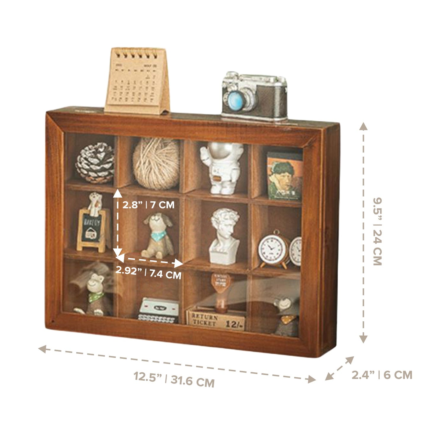 12 Cubby Wood Display Case with Glass Front - Small Collectible Organizer Shelf for Figurines, Miniatures, Desk Decor & Wall Storage