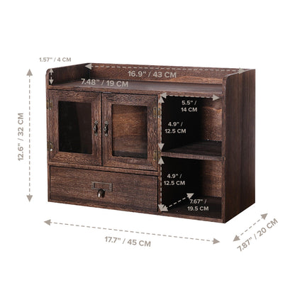 Coffee Tea Spice Station Organizer Cabinet – Rustic Wooden Kitchen Countertop Storage with Glass Doors & Drawer