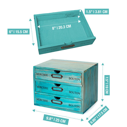 3-Vintage Teal Drawer Wooden Desk Organizer for Office Supplies, Crafts & Home Organization
