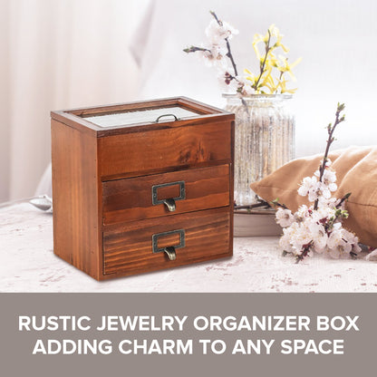 6 Slot Rustic Jewelry Organizer with Glass Top – Wooden Storage Cabinet with Drawers for Watches, Jewelry & Small Accessories