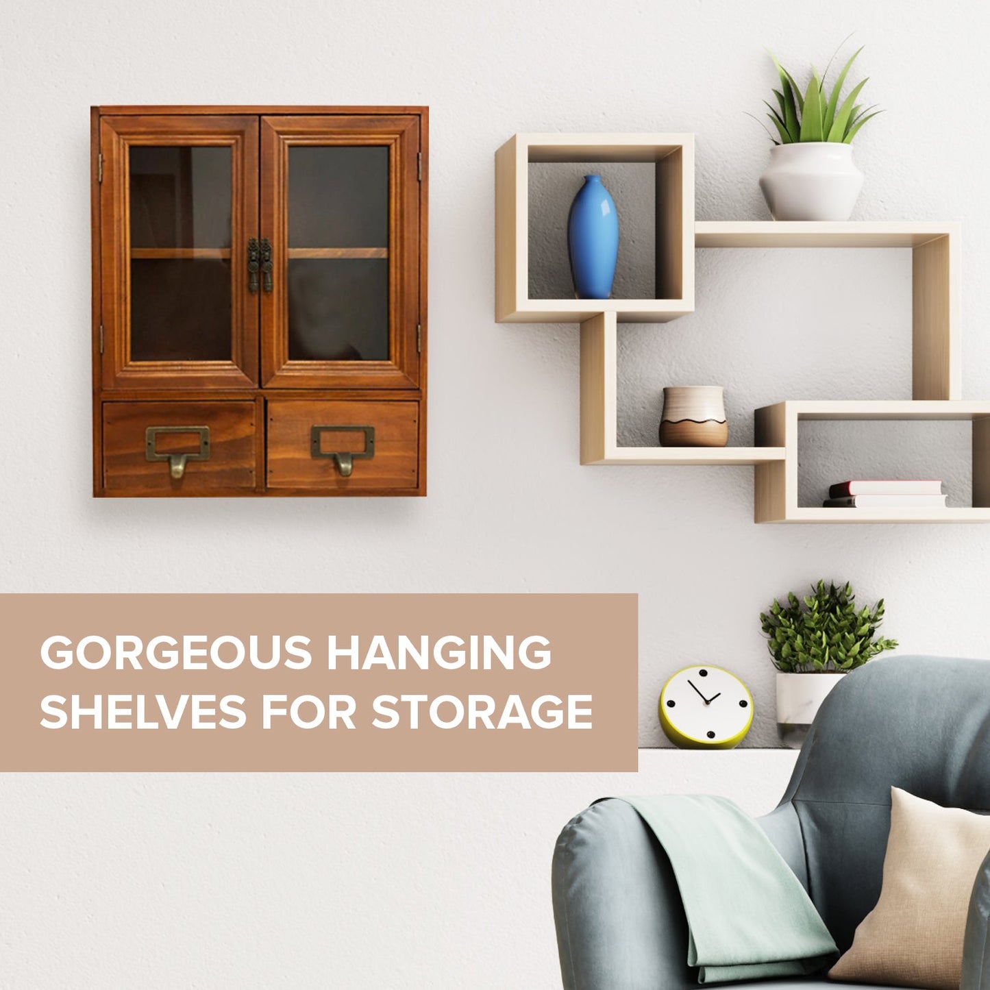 Wall-Mount Glass Door Wooden Storage Cabinet with Drawers – Vintage Display & Organizer Shelf