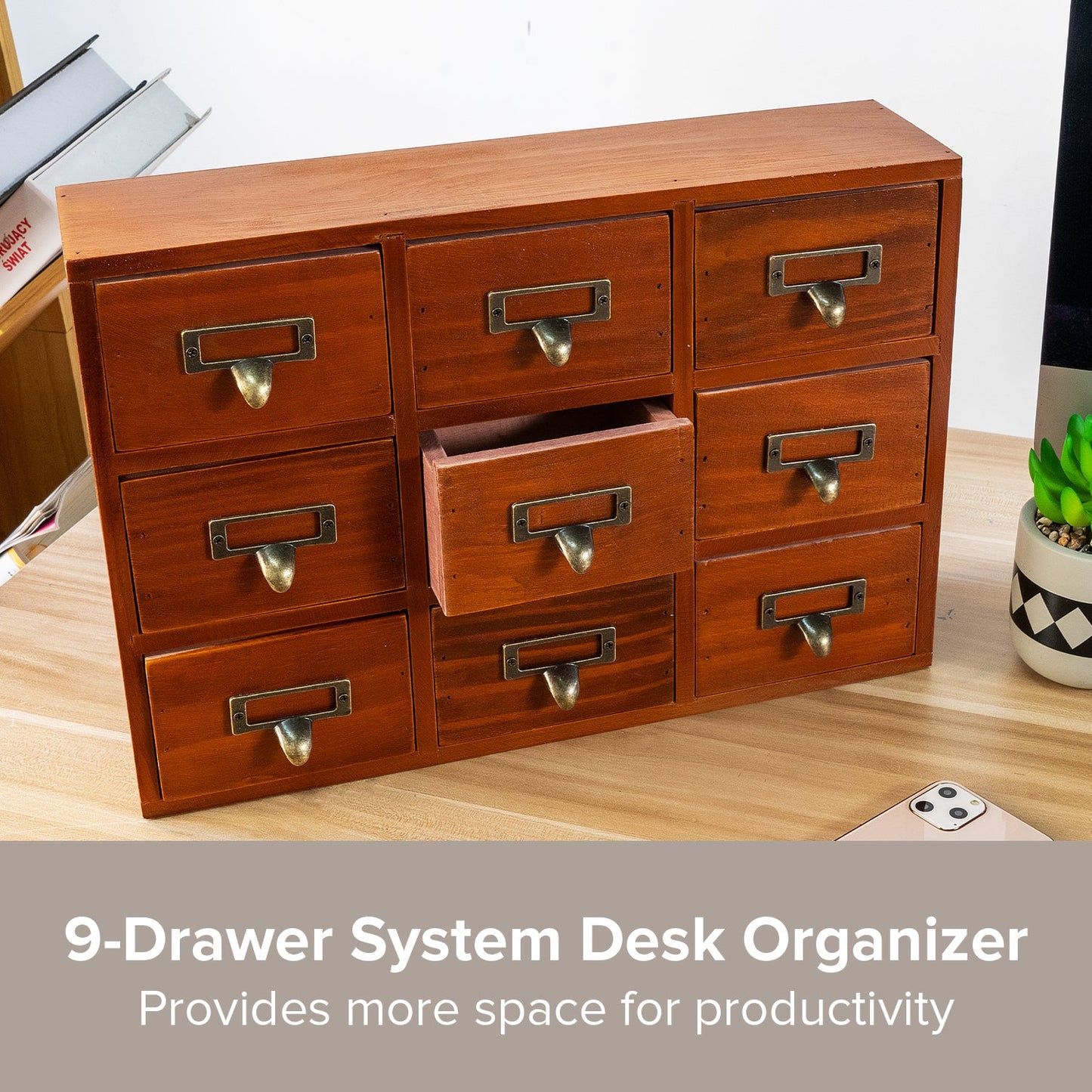 Vintage 9 Drawer Wooden Apothecary Cabinet - Small Parts Organizer with Label Holders for Desk, Vanity & Countertop Storage