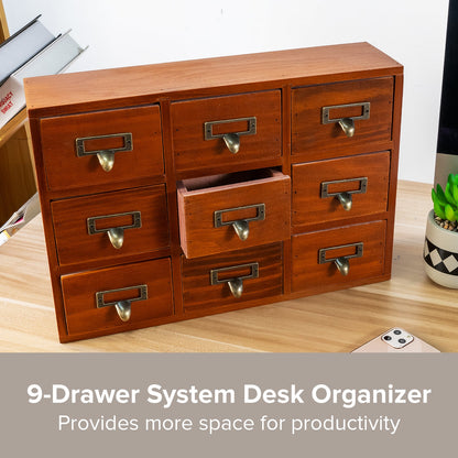 Vintage 9 Drawer Wooden Apothecary Cabinet - Small Parts Organizer with Label Holders for Desk, Vanity & Countertop Storage