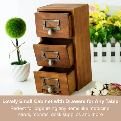 3 Drawer Wooden Desktop Organizer - Mini Multi-Level Storage Cabinet with Label Holders for Small items