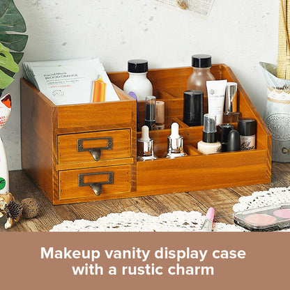 Vintage Tabletop Cosmetic Storage Tray with 7 Compartments & 2 Drawer Jewelry Organizer for Vanity, Bathroom & Dresser